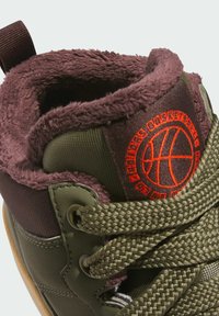 High-top basketball shoes in dark green with plush maroon lining, textured fabric, and a red logo featuring a basketball design.