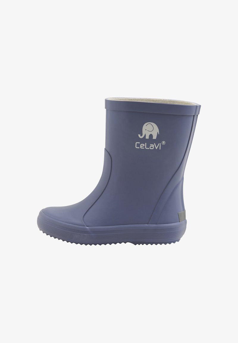 Stivale da pioggia viola in gomma con fodera in pile bianco, suola testurizzata per una migliore aderenza e logo a rilievo a forma di elefante sul lato.