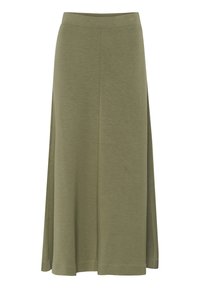 Falda hasta la rodilla de color verde oliva, hecha de tela suave, con una cintura ajustada y una silueta línea A, con detalles mínimos de costura.