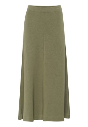 Falda hasta la rodilla de color verde oliva, hecha de tela suave, con una cintura ajustada y una silueta línea A, con detalles mínimos de costura.