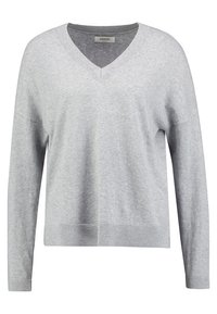 Světle šedý svetr s výstřihem do V a dlouhými rukávy. Pletená textura s žebrovanými detaily na lemu a manžetách. Měkký, neformální design.