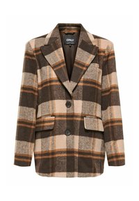 Blazer de cuadros marrón y beige hecho de un tejido texturizado, con cuello de muesca, dos bolsillos delanteros y dos botones negros.