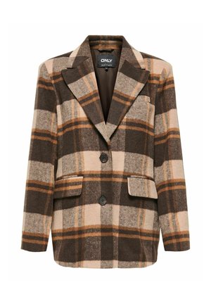 Blazer à carreaux marron et beige en tissu texturé, avec un col cranté, deux poches avant et deux boutons noirs.