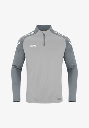 Grijze sportshirt met lange mouwen en een kwart-rits, paneelontwerp en decoratieve accenten op de schouders, met een logo op de borst.