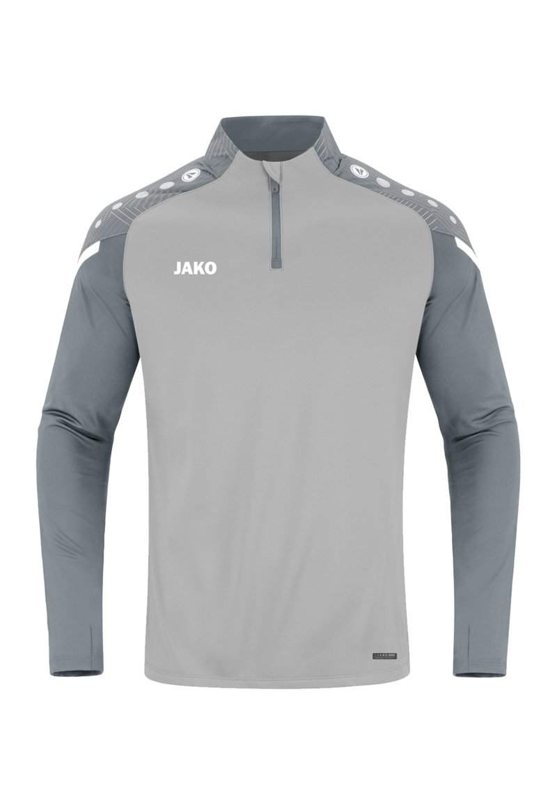 Graues Sporthemd mit langen Ärmeln, Viertel-Reißverschluss, Panel-Design und dekorativen Akzenten an den Schultern, mit einem Logo auf der Brust.