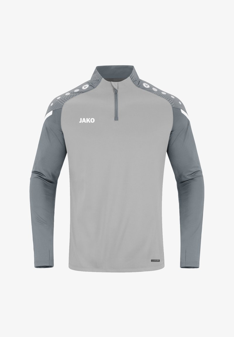 Graues Sporthemd mit langen Ärmeln, Viertel-Reißverschluss, Panel-Design und dekorativen Akzenten an den Schultern, mit einem Logo auf der Brust.