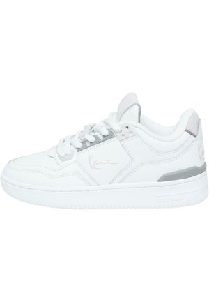 White sneaker with a smooth leather upper, padded collar, and grey accents. Features perforated detailing and a textured rubber sole.