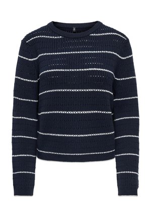 Pull en maille bleu marine à manches longues avec de fines rayures blanches horizontales et un col rond.
