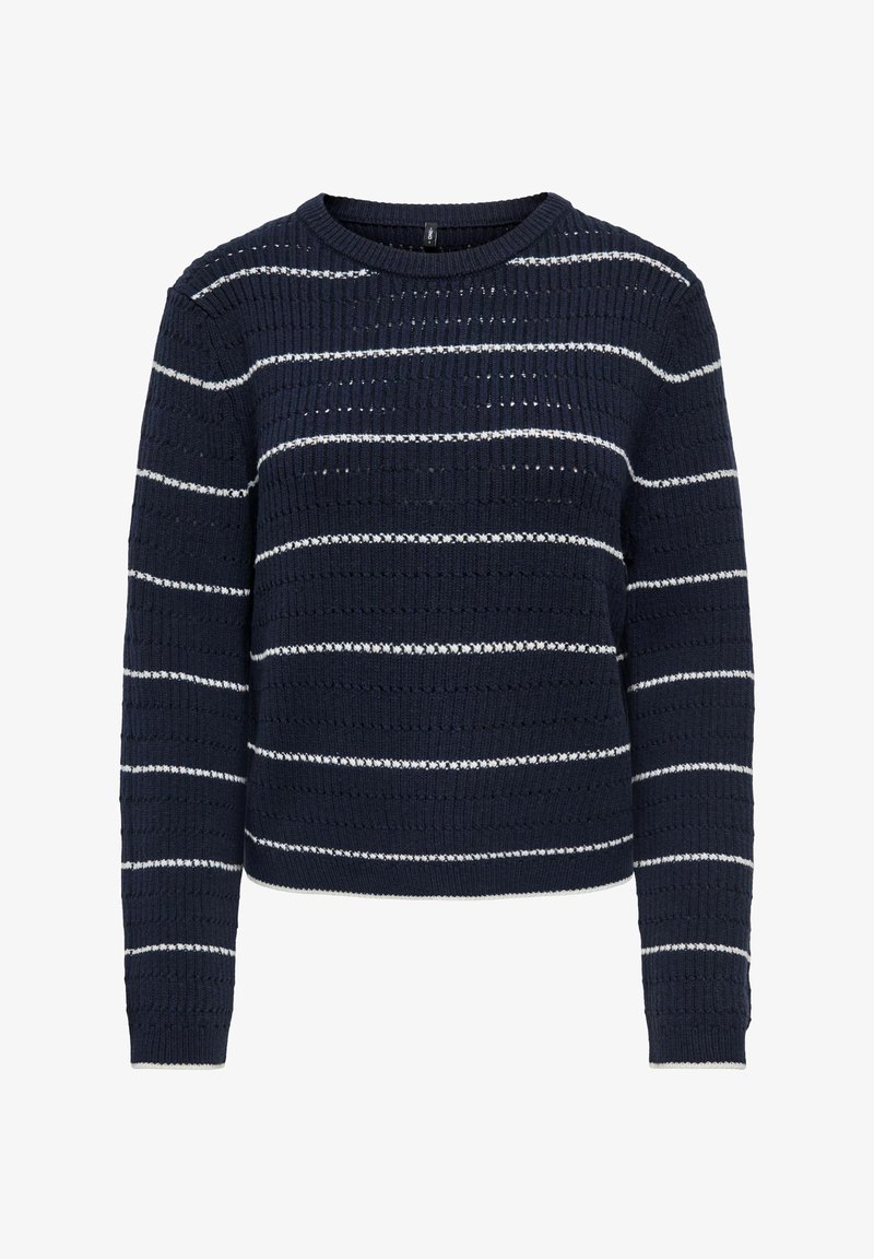 Pull en maille bleu marine à manches longues avec de fines rayures blanches horizontales et un col rond.