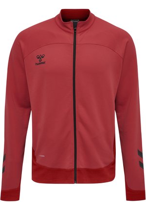 Rote Sportjacke mit Reißverschluss vorne, hohem Kragen, schwarzem Reißverschluss und schwarzen Akzentstreifen an den Ärmeln. Hergestellt aus einem glatten, leichten Material.