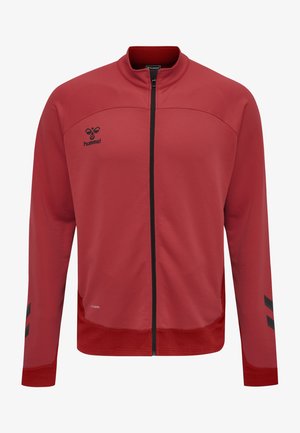 Rote Sportjacke mit Reißverschluss vorne, hohem Kragen, schwarzem Reißverschluss und schwarzen Akzentstreifen an den Ärmeln. Hergestellt aus einem glatten, leichten Material.