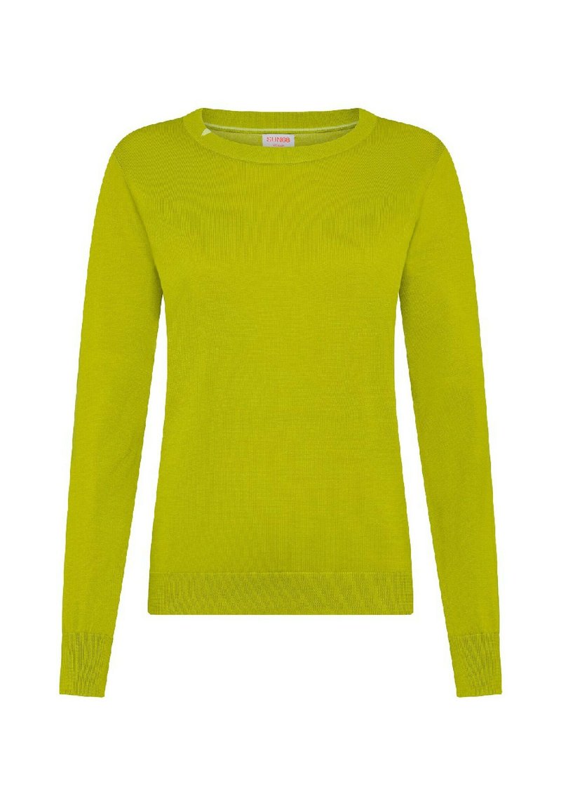 Maglione a maniche lunghe verde lime con collo rotondo, texture a coste e polsini aderenti. Design leggero e casual, perfetto per essere indossato a strati.