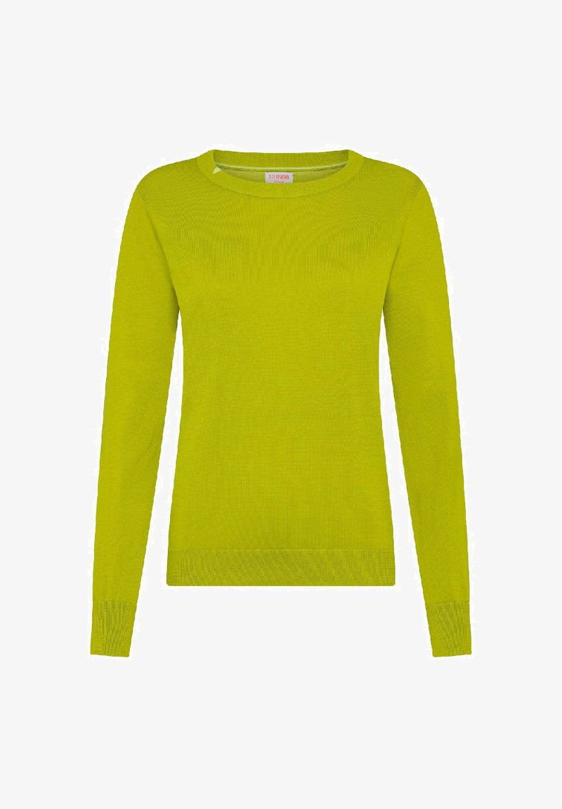 Maglione a maniche lunghe verde lime con collo rotondo, texture a coste e polsini aderenti. Design leggero e casual, perfetto per essere indossato a strati.