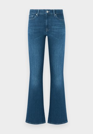 Jeans in denim blu con vita media, chiusura anteriore con bottoni e zip, cinque tasche e gambe leggermente svasate.