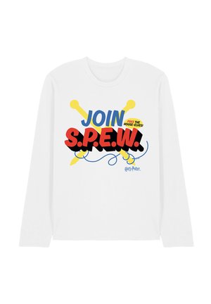 Weißes Langarmshirt mit buntem "Join S.P.E.W. Free the House-Elves!"-Text und gekreuzten gelben Stricknadeln mit blauem Garn, Harry-Potter-Logo darunter.