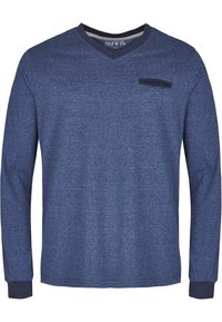 Langekleurige blauwe crewneckshirt met lange mouwen, gemaakt van textuurstof, met een klein borstzakje en geribbelde manchetten.
