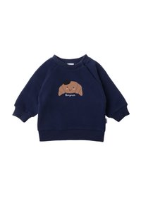 Navy blue sweatshirt made of soft fabric, featuring a cute croissant design with a smiling face and the word "Bonjour" underneath.