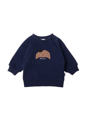 Marineblaue Sweatshirt aus weichem Stoff, mit einem niedlichen Croissant-Design, einem lächelnden Gesicht und dem Wort "Bonjour" darunter.