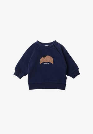 Marineblaue Sweatshirt aus weichem Stoff, mit einem niedlichen Croissant-Design, einem lächelnden Gesicht und dem Wort "Bonjour" darunter.