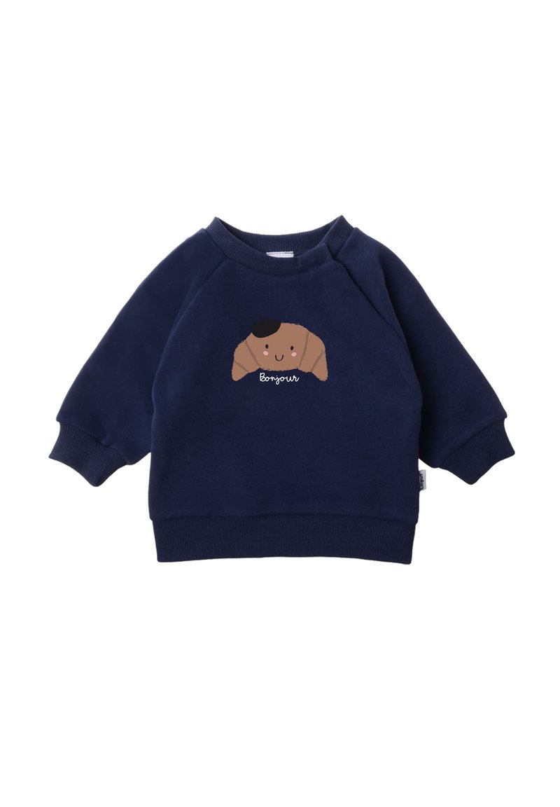 Navy blue sweatshirt made of soft fabric, featuring a cute croissant design with a smiling face and the word "Bonjour" underneath.