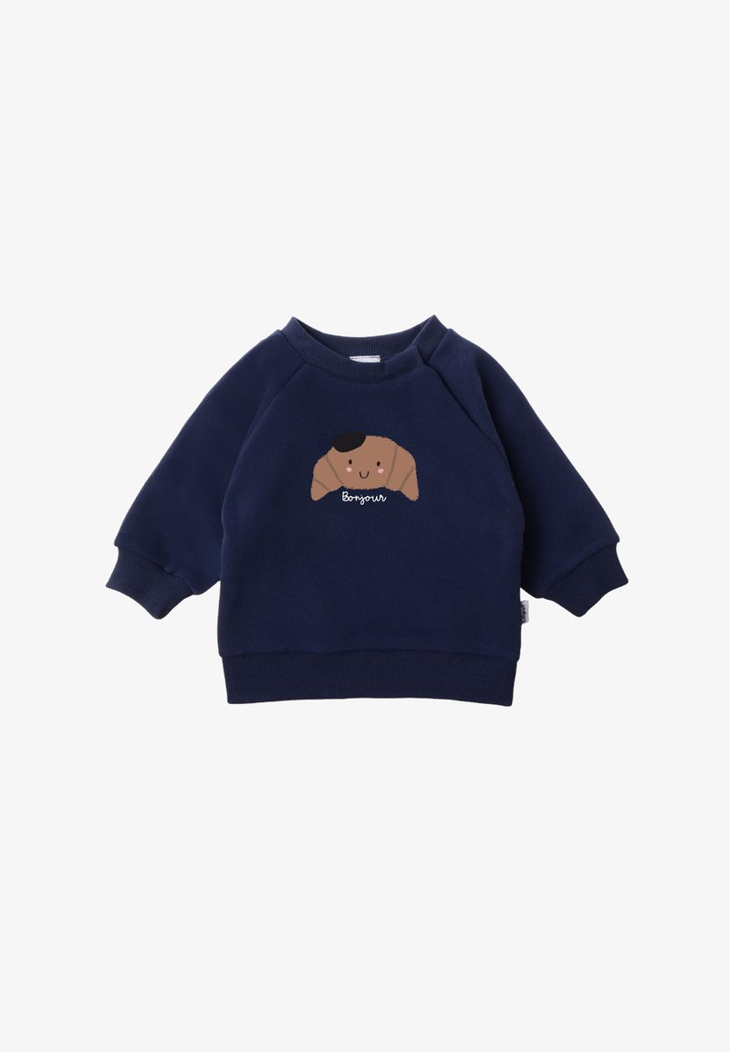 Marineblaue Sweatshirt aus weichem Stoff, mit einem niedlichen Croissant-Design, einem lächelnden Gesicht und dem Wort "Bonjour" darunter.