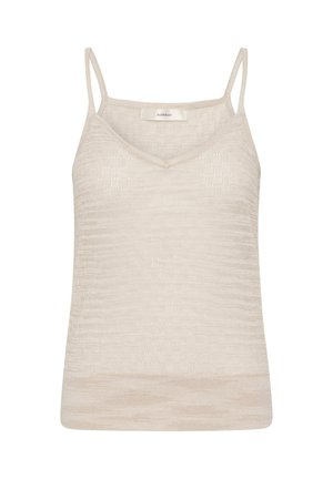 Top beige de punto sin mangas con tirantes finos y un sutil patrón texturizado, con un escote en V poco profundo.
