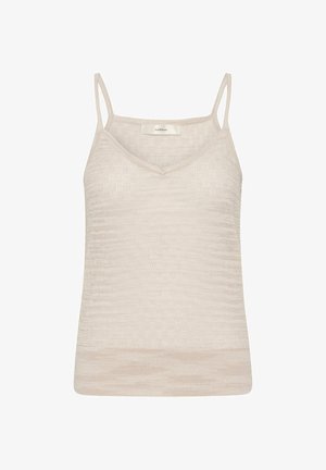 Top beige de punto sin mangas con tirantes finos y un sutil patrón texturizado, con un escote en V poco profundo.