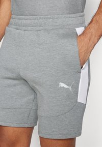 Hallid sportlikud lühikesed püksid pehme tekstuuriga, millel on kontrastne valge külgpanel ja valge Puma logo vasakul jalal.
