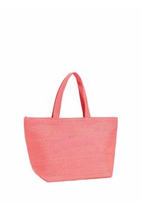 Borsa a spalla intrecciata rosa con due manici robusti, forma rettangolare, superficie testurizzata e motivo a righe discreto. Adatta a vari usi.