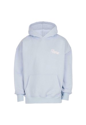 Hele sinine kapuutsiga sviiter, millel on ees küljetasku ja väike valge tekst "Droshine Street Game" rinnal.