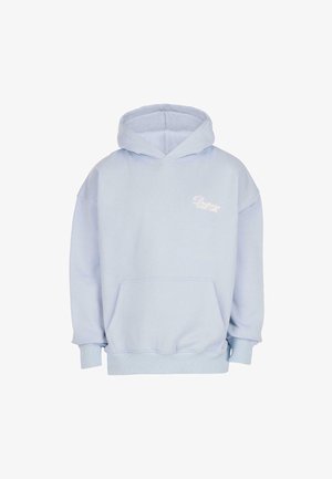 Hele sinine kapuutsiga sviiter, millel on ees küljetasku ja väike valge tekst "Droshine Street Game" rinnal.