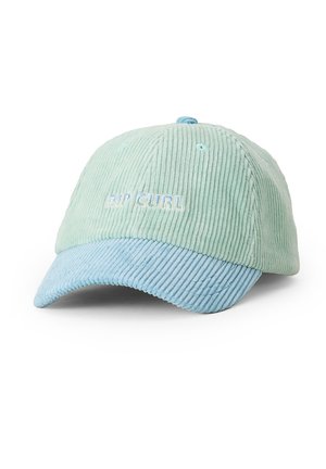 Casquette de baseball en velours côtelé vert clair et bleu avec "RIP CURL" brodé sur le devant dans des couleurs pastel assorties.