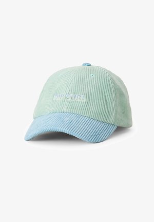 Lichtgroene en blauwe corduroy baseballpet met "RIP CURL" geborduurd op de voorkant in bijpassende pastelkleurige tinten.