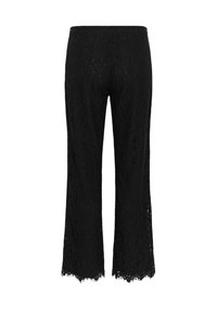 Sorte blonderbukser med en udvidet form, der har indviklede blomsterdekorationer, en tekstureret finish og frynser ved kanten.