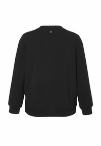 Sweatshirt noir à manches longues vu de dos, avec des poignets et un ourlet côtelés, comportant un petit logo circulaire près du col.