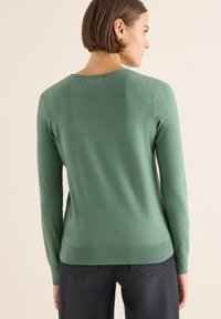 Grüner gestrickter Pullover mit langen Ärmeln, Rundhalsausschnitt sowie gerippten Bündchen und Saum. Glatte Textur, minimale Details, schlichtes Design.
