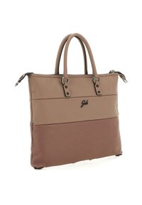 Borsa tote in pelle marrone bicolore con doppio manico, logo in metallo nero e chiusura superiore con zip.