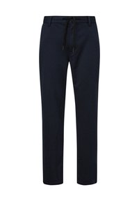 Marineblauwe broek van zacht materiaal, met een elastische tailleband en een tapered leg ontwerp, met een gladde textuur en zonder zichtbare patronen.