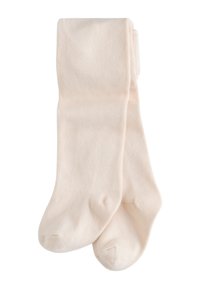 Soft, folded, off-white knee-high socks with a smooth texture, displayed against a white background.