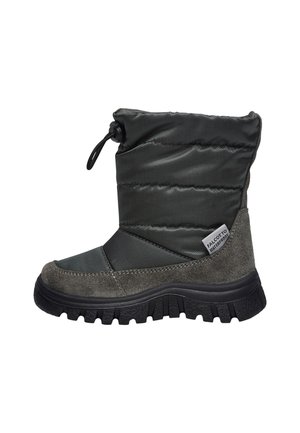 Botas impermeables grises con parte superior de nylon acolchado y acentos de ante, con una suela de goma texturizada y un cierre ajustable con cordón.