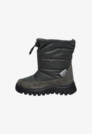 Szare wodoodporne botki z pikowanym nylonowym wierzchem i zamszowymi akcentami, z teksturowaną gumową podeszwą i regulowanym zapięciem na sznurki.