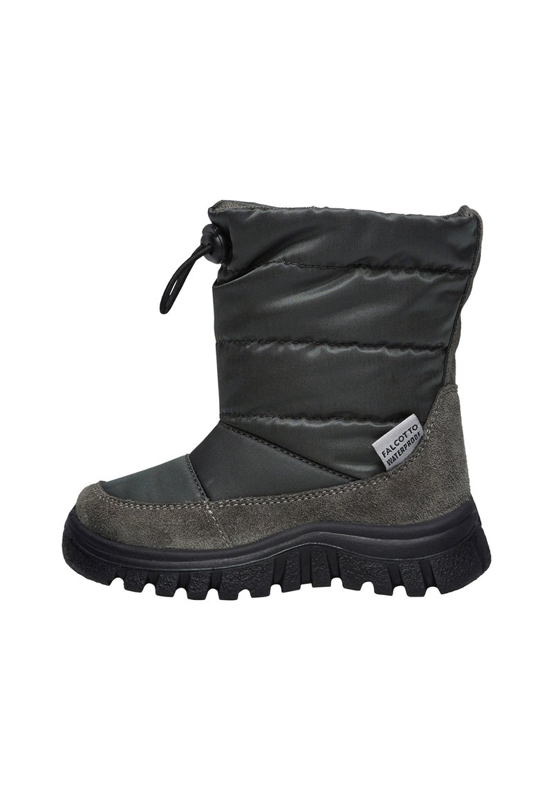 Botas impermeables grises con parte superior de nylon acolchado y acentos de ante, con una suela de goma texturizada y un cierre ajustable con cordón.
