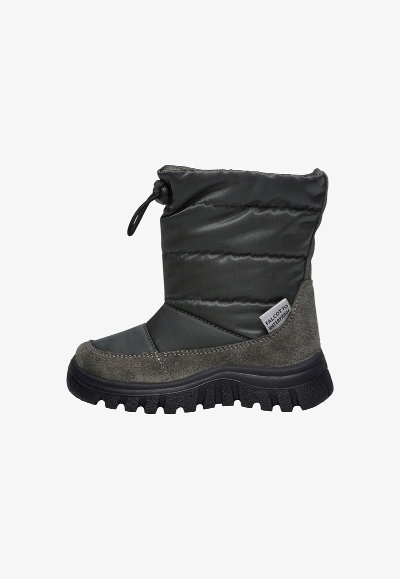 Botas impermeables grises con parte superior de nylon acolchado y acentos de ante, con una suela de goma texturizada y un cierre ajustable con cordón.