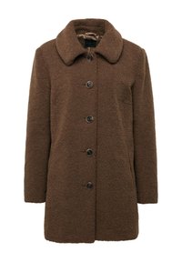 Bruine fleecejas met een grote kraag, voorzien van een knoopsluiting en twee zijzakken. De stof heeft een gestructureerde, zachte uitstraling.