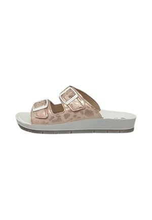 Sandalo scivolo in oro rosa metallizzato con due cinturini regolabili con fibbia e suola bianca spessa.