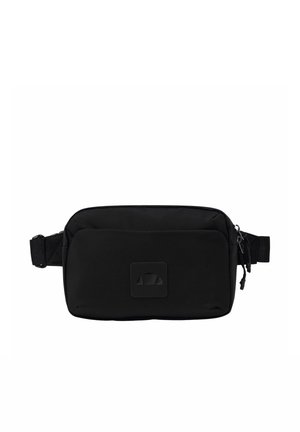 Riñonera rectangular negra con bolsillo delantero, cierres de cremallera y correa ajustable sobre fondo blanco.