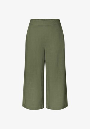 Olivenfarvede vidde, korte bukser med elastisk talje, lavet af let stof.