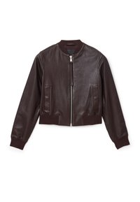 Giacca bomber in pelle marrone scuro con zip frontale, due tasche laterali, colletto, polsini e orlo a coste.