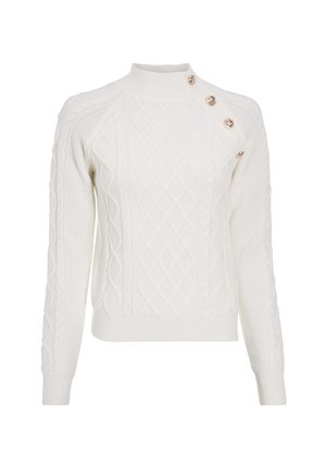 White cable-knit sweater with a high neck, featuring diamond patterns and three decorative gold buttons on the shoulder. Textured fabric overall.