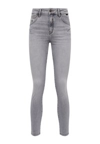Jean gris taille haute, coupe slim, avec poches avant et arrière, fermeture par bouton et zip, présentant une subtile décoloration sur les cuisses et les genoux.
